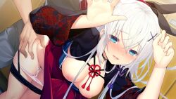 1boy :d bangs black_shorts blue_eyes blush breasts clothes_lift clothes_pull cum cum_on_legs diagonal-striped_necktie drooling dutch_angle female game_cg grey_pants hair_between_eyes hair_ornament honda_tamanosuke long_hair long_sleeves medium_breasts momiji_to_one_room necktie nipples open_mouth panties pants panty_pull red_necktie red_skirt sex sex_from_behind shorts shorts_pull skirt skirt_lift smile straight suzakuin_momiji sweatdrop thigh_gap underwear white_hair white_panties x_hair_ornament