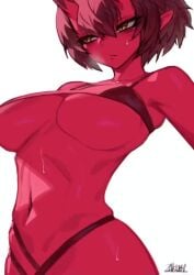 1girls animated big_breasts blinking heavy_breathing kidouko_(zakusi) midriff opaluva original pace_r18 pointy_ears red-skinned_female red_skin sound tagme underboob video zakusi