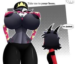 anthro_bird big_breasts big_female english erect_nipples erect_nipples_under_clothes helluva_boss imp millie_(helluva_boss) mrmelted octavia_(helluva_boss) tagme text