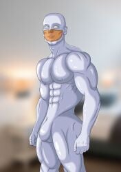 bara bulge bulge_through_clothing latex male muscle no_eyes rubber suit suited super_hero tight white