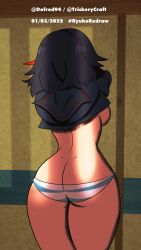 ass_cleavage bottomwear butt_crack canonical_scene casual clothing cow_costume cow_suit cowbell dragon_girl dragon_tail female green_eyes green_hair half_dragon human kill_la_kill long_hair looking_at_viewer matoi_ryuuko meme oc pale_skin pinup redraw ryukoredraw shimapan succubus tattoo_on_belly thick_thighs topwear trickerycraft undressing