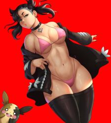 1girls 1pokemon 2022 aged_up asymmetrical_hair bikini black_hair breasts choker female green_eyes hips jacket large_breasts leather_jacket light-skinned_female light_skin long_hair marnie_(pokemon) medium_hair morpeko nintendo pink_bikini pokémon_(species) pokemon pokemon_ss rekk_art simple_background slim_waist thick_thighs thighhighs thighs twintails wide_hips