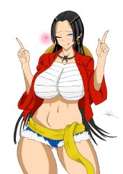 artist_request ass_visible_through_thighs big_breasts boa_hancock breasts female female_only fingers_up horny_female minishorts one_piece outfit standing