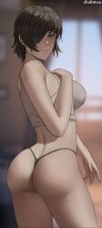 1girls ass ass_cleavage big_breasts black_hair blue_eyes blush breasts butt_crack chainsaw_man eye_contact eye_patch female female_only himeno_(chainsaw_man) looking_at_viewer oroborusart savagexthicc short_hair sideboob smile solo solo_female thick_thighs thighs thong