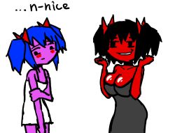 2girls 4chan black_hair blue_hair breast_envy bury_ebil_gril bury_pink_gril cleavage clothed dress flat_chest hair_ribbons large_breasts meme pink_skin red_skin