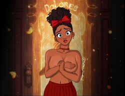 adorable afrolatina character_name colombian_female covering_breasts cute dark-skinned_female dark_skin deviantart disney dolores_madrigal embarrassed encanto hathor_lewds latina nipples text