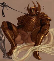 1boy 1other armor ass_visible_through_thighs big_penis big_sub blush collar crucible_knight elden_ring erection fromsoftware helmet imlooking knight leash leash_pull male male_focus male_only masked masked_male painting_(artwork) partially_retracted_foreskin penis penis_out solo_focus spread_legs squatting uncensored uncut