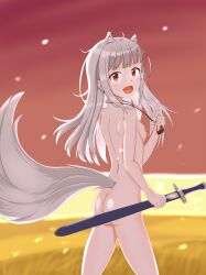 blush breasts long_hair myuri_(spice_and_wolf) nude nude_female red_eyes silver_hair small_breasts spice_and_wolf sword weapon wolf wolf_ears wolf_girl wolf_humanoid wolf_tail