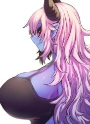 aohada_bocchi big_breasts blue_skin breasts enormous_breasts female horn horns huge_breasts massive_breasts original original_character pink_hair ruri_(aohada_bocchi) side_view sideboob tagme voluptuous zyugoya