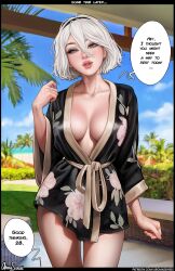 1girls 2022 android android_girl aroma_sensei beauty_mark blue_eyes breasts dialogue english_text female hair_over_one_eye hips huge_breasts light-skinned_female light_skin mole_under_mouth nier nier:_automata outdoors short_hair slim_waist speech_bubble talking_to_viewer text thick_lips thick_thighs thighs who's wide_hips yorha_2b