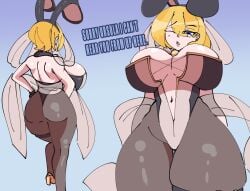 1girls ass blonde_female blonde_hair blonde_hair blue_eyes breasts bunny_ears bunny_girl bunnysuit from_below heels huge_breasts large_breasts leggings looking_away looking_down masked_agent navel one_eye_closed ribbon sunlightnova thick_thighs