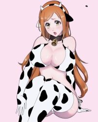 1girls bell big_breasts bikini bleach breasts busty cleavage collar collar_with_bell cow_ears cow_horns cow_print cow_print_bikini cow_print_thighhighs curvy female female_only headband inoue_orihime long_hair orange_hair pose rozuberry solo thick_thighs thighhighs voluptuous