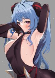 absurdres ahoge armpits bangs bare_shoulders black_gloves blue_hair blush bodystocking bodysuit breasts cleavage covered_erect_nipples duplicate elbow_gloves female ganyu_(genshin_impact) genshin_impact gloves goat_horns highres horns large_breasts long_hair looking_at_viewer pixel-perfect_duplicate purple_eyes sideboob sidelocks solo steam sweat togo_(korlsj1235)