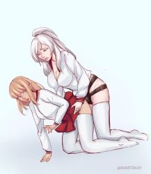 2girls blonde_hair blue_eyes brown_eyes bumitrash doggy_style elf_ears female_elf large_breasts multiple_girls pointy_ears ponytail red_skirt sex sex_from_behind stockings strap-on thighhighs torso_grab white_hair white_legwear white_shirt white_thighhighs yuri