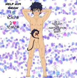 1boy abs adonis_belt ao_no_exorcist areolae balls ballsack biceps bishonen blue_eyes blue_hair blush blushing collarbone completely_naked completely_naked_male completely_nude_male dark_blue_hair defined_muscles demon_boy demon_tail eight_pack english_text erect_penis erection foreskin foreskin_folds full_color full_frontal_nudity fully_retracted_foreskin furry_tail hand_behind_head hands_behind_head humanoid humanoid_penis intact lean_muscle looking_down low_hanging_balls male male_nipples male_only masturbation muscles muscular_male muscular_thighs navy_blue_hair nude_male nudity okumura_rin oo_accel_oo pecs penis penis_out penis_tip pointed_ears pointy_ears scrotum shaved_crotch shounen_jump simple_background smiling solo tail tail_around_penis tail_masturbation teen_boy teenage_boy teenager testicles thighs twunk uncensored uncut