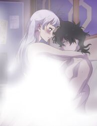 1boy 1girls black_clover black_hair blush lotus_position naked noelle_silva pinkykkat purple_eyes sex silver_hair twintails yuno_grinbellior