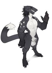 2022 animal_genitalia anthro balls biped black_body black_fur claws digital_media_(artwork) digitigrade finger_claws fully_sheathed fur genitals grey_eyes grin hi_res male male_only multicolored_body multicolored_fur raptoral sergal sharp_teeth sheath simple_background smile solo teeth toe_claws two_tone_body two_tone_fur white_background white_balls white_body white_fur white_sheath