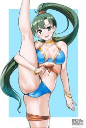 1girls aegis_(nerocc) alternate_costume bikini blue_bikini blue_swimsuit bracelet earrings female female_only fire_emblem fire_emblem:_the_blazing_blade green_eyes green_hair leg_up long_hair lyn_(fire_emblem) nintendo official_alternate_costume one_leg_up ponytail solo standing_on_one_leg swimsuit very_long_hair