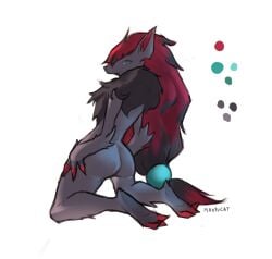 animal_ears anthro ass ass_focus black_fur black_hair blue_eyes female furry furry_female mantucat nintendo nude_female paws pokemon pokemon_(species) posing red_hair solo solo_female solo_focus wolf wolf_ears zoroark