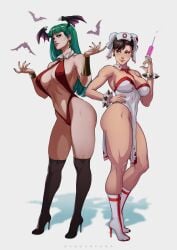 2girls adapted_costume alternate_costume ass bare_shoulders bat_(animal) big_breasts black_legwear blood blood_splatter boots bracelet breasts brown_eyes brown_hair bun_cover capcom china_dress chinese_clothes chun-li cleavage clothing company_connection cosplay covered_nipples crossover crossover_cosplay dandon_fuga darkstalkers demon_girl detached_collar double_bun dress earrings english_commentary female female_only fingernails full_body green_eyes green_hair groin hair_bun halloween halloween_costume hand_on_hip hat head_wings high_heel_boots high_heels highres jewelry knee_boots kneepits knees large_breasts legs leotard lips long_fingernails long_hair looking_at_another makeup medium_breasts morrigan_aensland multiple_girls muscular muscular_female nail_polish navel necktie needle nurse nurse_cap o-ring paid_reward_available red_necktie revealing_clothes short_hair simple_background slingshot_swimsuit standing street_fighter swimsuit syringe thick_thighs thighhighs thighs toned vampire_(game) vampirella vampirella_(cosplay)