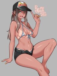 1girls areola_slip areolae arm_support bikini brown_hair dark_skin hat jean_shorts long_bangs looking_at_viewer midriff nail_polish open_mouth original ponytail ryo_agawa scrunchie sitting small_breasts striped_bikini swimsuit tanline topless