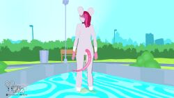 3d ambiguous_gender anthro anus ass bodily_fluids digital_media_(artwork) genital_fluids genitals hair hi_res humanoid_genitalia humanoid_pussy mammal mouse murid murine mynka outside park peeing pink_hair pond public public_nudity pussy rodent urine urine_stream water watersports