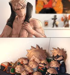 2boys aged_up bedroom fanboy hero_outfit_(mha) implied_sex implied_yaoi izuku_midoriya katsuki_bakugou leg_grab legs_on_shoulders legs_up male male/male male_focus male_only male_penetrating merch merchandise muscular my_hero_academia nude plushie scar scars shirtless socks socks_on socks_only spiky_hair yaoi