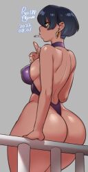 1girls arm_support ass back big_ass black_hair breasts cigarette dark-skinned_female dark_skin dat_ass female_only hoop_earrings hourglass_figure large_ass nipple_bulge one-piece_swimsuit original purple_swimsuit ryo_agawa short_hair sideboob small_breasts smoking solo_female swimsuit thick_thighs very_short_hair yellow_eyes