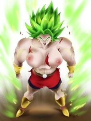 1girls armwear big_breasts dragon_ball dragon_ball_super flatpancakes green_hair highres kale kale_(berserker) large_breasts legendary_super_saiyan muscular muscular_female no_pupils open_mouth shirt_removed shounen_jump skirt_only super_saiyan topless torn_clothes torn_clothing tournament_of_power