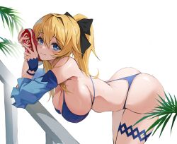 ass bikini blonde_hair blue_eyes coca-cola cute female genshin_impact jean_gunnhildr jean_gunnhildr_(sea_breeze_dandelion) leaves ribbon