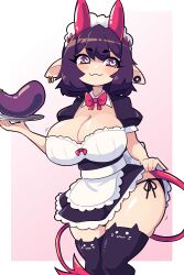 big_breasts breasts daigada egg_plant female heart-shaped_pupils horns j5daigada maid_apron maid_headdress maid_uniform selene_(daigada) smile smiling stockings tagme thick_thighs thighhighs