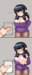 ... 1girls absurd_res big_breasts black_hair blush breast_grab breast_out choker cleavage cup earrings female female_focus glass glass_of_milk grabbing_own_breast green_eyes halfling lactation long_hair meme ophelia_(uprightblue) pantyhose pointy_ears shortstack sweater thick_thighs two_panel_image uprightblue wavy_mouth