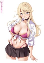 alternate_costume bikini black_collar blonde_hair blush breasts cleavage collar collarbone collared_shirt cowboy_shot cropped_legs dress_shirt ebifurya female front-tie_bikini_top front-tie_top grey_eyes grin gyaru hand_on_hip highleg highleg_bikini highres iowa_(kantai_collection) kantai_collection large_breasts light-skinned_female lips long_hair looking_at_viewer midriff miniskirt navel one-hour_drawing_challenge open_clothes open_shirt pale-skinned_female pink_bikini pleated_skirt shirt side-tie_bikini_bottom skirt smile solo solo_female star-shaped_pupils star_(symbol) stomach swimsuit symbol-shaped_pupils tied_shirt twitter_username v white_background white_shirt