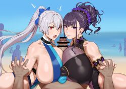 1boy 2022 2girls absurd_res absurdres beach censored censored_penis clothed clothed_female clothed_paizuri collaborative_paizuri double_paizuri exhibitionism fate/grand_order fate_(series) female female_armpit_hair ffm_threesome hairy_armpits hand_holding hi_res huge_cock interracial kunaboto light-skinned_female light-skinned_male light_skin long_hair looking_at_viewer male murasaki_shikibu_(fate) murasaki_shikibu_(swimsuit_rider)_(fate) outdoors paizuri penis pov public public_sex purple_eyes purple_hair red_eyes swimsuit textless textless_version threesome tied_hair tomoe_gozen_(fate) tomoe_gozen_(swimsuit_saber)_(fate) venus_body white_hair