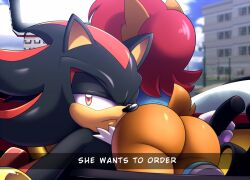 1boy 1girls 2022 ass ass_focus ass_shot big_ass bubble_ass caption car chipmunk english english_text female hd he_wants_to_order hedgehog hyoumaru male meme outdoors outside sally_acorn sega shadow shadow_the_hedgehog sonic_(series) sonic_team sonic_the_hedgehog_(series) squirrel text