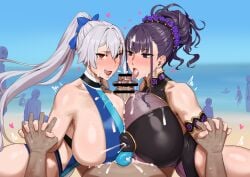 1boy 2022 2girls absurd_res absurdres beach censored censored_penis clothed clothed_female clothed_paizuri collaborative_paizuri cum cum_on_breasts cum_on_face cum_on_tongue double_paizuri exhibitionism fate/grand_order fate_(series) female female_armpit_hair ffm_threesome hairy_armpits hand_holding hi_res huge_cock interracial kunaboto light-skinned_female light-skinned_male light_skin long_hair looking_at_viewer male murasaki_shikibu_(fate) murasaki_shikibu_(swimsuit_rider)_(fate) open_mouth outdoors paizuri penis pov public public_sex purple_eyes purple_hair red_eyes swimsuit textless textless_version threesome tied_hair tomoe_gozen_(fate) tomoe_gozen_(swimsuit_saber)_(fate) venus_body white_hair