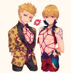 2boys arms_behind_back blonde_hair blonde_hair_male bondage dress_pants dress_shirt earrings fate/extra_ccc fate/grand_order fate_(series) gilgamesh gilgamesh_(caster)_(fate) gilgamesh_(fate) half_dressed heart jewelry leopard_print light-skinned_male light_skin male male_only muscular_male nipples pale-skinned_male pale_skin pecs rope_bondage rope_harness rope_over_clothes simple_background suit_jacket unbuttoned_pants unbuttoned_shirt vest white_background