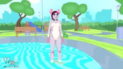 3d anthro bodily_fluids breasts digital_media_(artwork) female genital_fluids genitals hair hi_res humanoid_genitalia humanoid_pussy mammal mouse murid murine mynka nipples nude outside park peeing pink_hair pond public public_nudity pussy rodent urine urine_stream water watersports