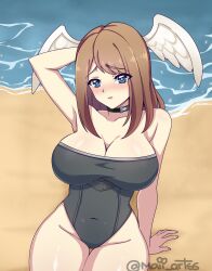 1girls beach big_breasts blue_eyes blush brown_hair eunie_(xenoblade) female female_only high_entia swimsuit xenoblade_(series) xenoblade_chronicles_3