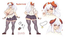 big_breasts button_down_shirt character_sheet cleavage gofa hair_ornament horns huge_breasts orange_eyes skirt thighhighs white_hair