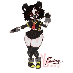 1boy big_eyes big_lips black_hair choker eye_shadow femboy fingerless_gloves furry male male_only panda panda_ears panda_tail sailor_outfit school_uniform skirt source_request sultrybunny thick_thighs thigh_highs voluptuous wedge_heels