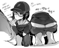 2boys baseball_cap big_ass black_hair blowjob blush bulge doppel fellatio femboy fondling_balls gay glasses male/femboy male/male male_only necklace oral soles squatting translation_request trap yaoi