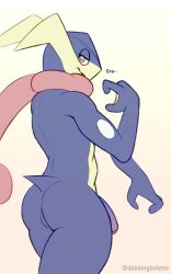 2022 anthro anus ass balls barely_visible_anus barely_visible_balls barely_visible_genitalia big_penis biped blue_body dabelette flaccid foreskin generation_6_pokemon genitals glans greninja humanoid_genitalia humanoid_penis looking_at_viewer looking_back looking_back_at_viewer male male_only multicolored_body nintendo nude penis pink_eyes pokemon pokemon_(species) rear_view simple_background solo tan_body two_tone_body video_games