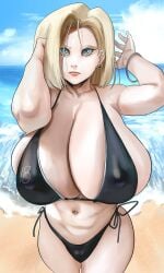 1girls 2022 alternate_version_available android_18 beach big_breasts bikini blonde_hair blue_eyes bracelet breasts busty cleavage clothing cloud dragon_ball ear_piercing earrings female female_focus female_only huge_breasts large_breasts light-skinned_female light_skin navel_piercing noblood ocean outside piercing realistic ryandomonica sky solo swimsuit thick_thighs wave wide_hips