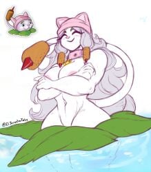 anthro anthrofied cat_ears cattail_(pvz) closed_eyes closed_mouth covering_breasts crossed_arms curvaceous_figure curvy_female eljarochofeliz happy_female large_breasts lily_pad muscular_female pink_hat plantie plants_vs_zombies silver_hair smile tail thick_thighs twitter_username white_skin wide_hips