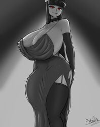 1futa areola_slip areolae breasts breasts_bigger_than_head bulge clothed clothing dress equine_penis erection_under_clothes fibilis flaccid fully_clothed futa_only futanari higher_resolution_duplicate highres horsecock huge_breasts huge_cock humanoid monochrome penis penis_bulge penis_under_clothes phalia solo spot_color standing thick_thighs thighhighs wide_hips