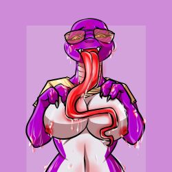 absurd_res anthro big_breasts bodily_fluids breasts clothed clothing clothing_lift creep_(goosebumps) cum cum_on_arm cum_on_body cum_on_breasts cum_on_face cum_on_tongue eyewear female genital_fluids glasses glowing glowing_tongue grey_body grey_scales hi_res kelly_(fluffygrass) long_tongue open_mouth purple_body purple_scales raised_clothing raised_shirt raised_topwear red_tongue sabrinaaparicio scales scalie shirt shirt_lift solo tongue tongue_out topwear yellow_clothing yellow_shirt yellow_topwear