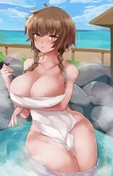 1girls amane_suzuha bathing big_breasts braided_hair brown_eyes brown_hair female female_only fluffy_hair hot_spring large_breasts onsen outdoors seaside solo soveno steam steins;gate thick_thighs towel towel_covering_breasts towel_covering_crotch twin_braids