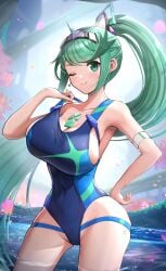 1girls 2022 breasts cleavage competition_swimsuit female female_only gonzarez green_eyes green_hair hand_on_hip highleg_swimsuit hips huge_breasts large_breasts light-skinned_female light_skin long_hair long_ponytail looking_at_viewer nintendo one-piece_swimsuit pneuma_(xenoblade) ponytail slim_waist smile swimsuit thick_thighs thighs wide_hips wink xenoblade_(series) xenoblade_chronicles_2