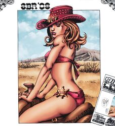 ass badge blonde_hair bra dat_ass desert hat hirohiko_araki horse jojo's_bizarre_adventure lipstick looking_at_viewer lucy_steel medium_breasts mountain nipples nipples_visible_through_clothing official_art panties pink_bra pink_eyes pink_panties pinup saddle sand sheriff slender_waist small_ass steel_ball_run teenage_girl you_know_you_want_it